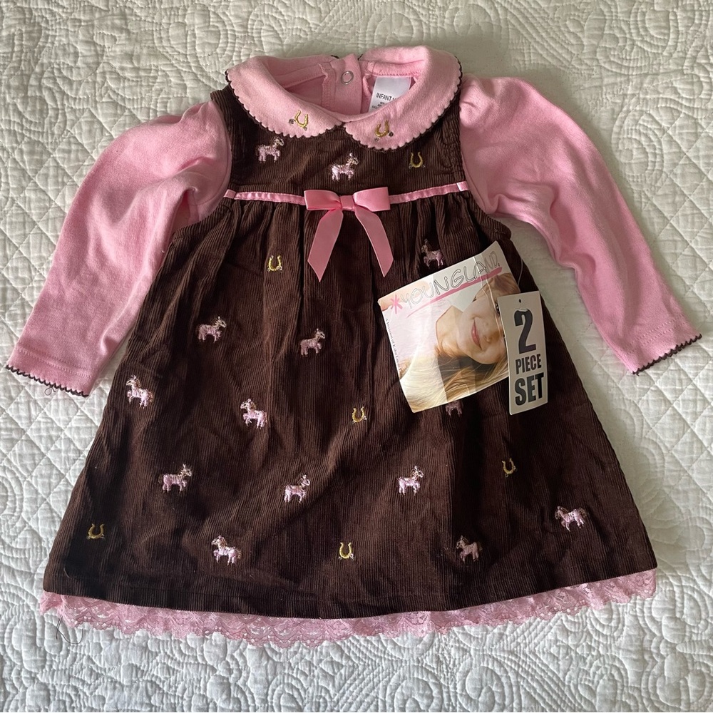 VTG Younglands Collared Pink and Brown Horse Horseshoes Baby Dress Set 18m NWT